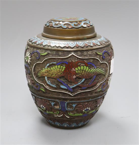 A Japanese bronze & champleve enamel vase height 21cm